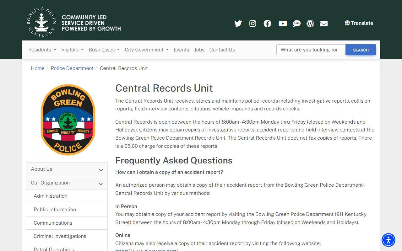 Bowling Green Police Department Central Records Unit website