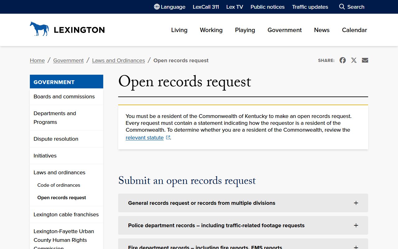 Lexington-Fayette open records request page