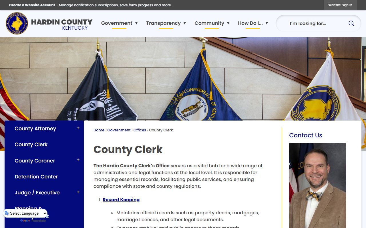 Hardin County Government County Clerk page