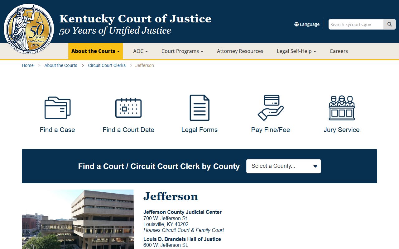 Kentucky Court of Justice Jefferson County court information page