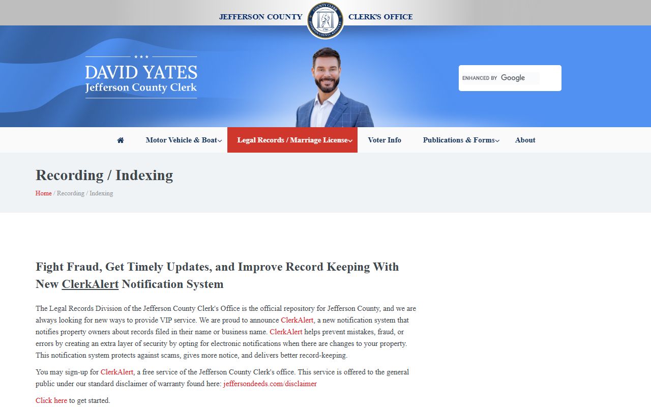 Jefferson County Clerk recording and indexing information page