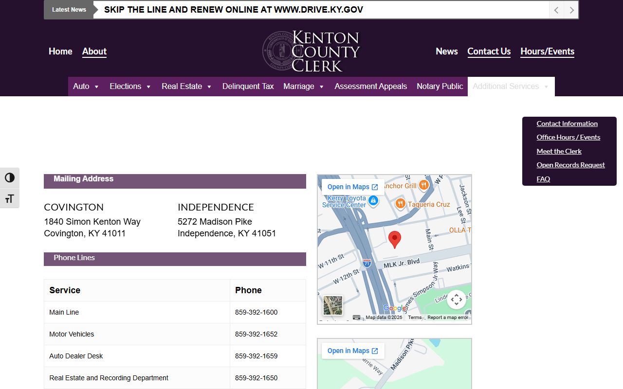 Kenton County Clerk contact information page
