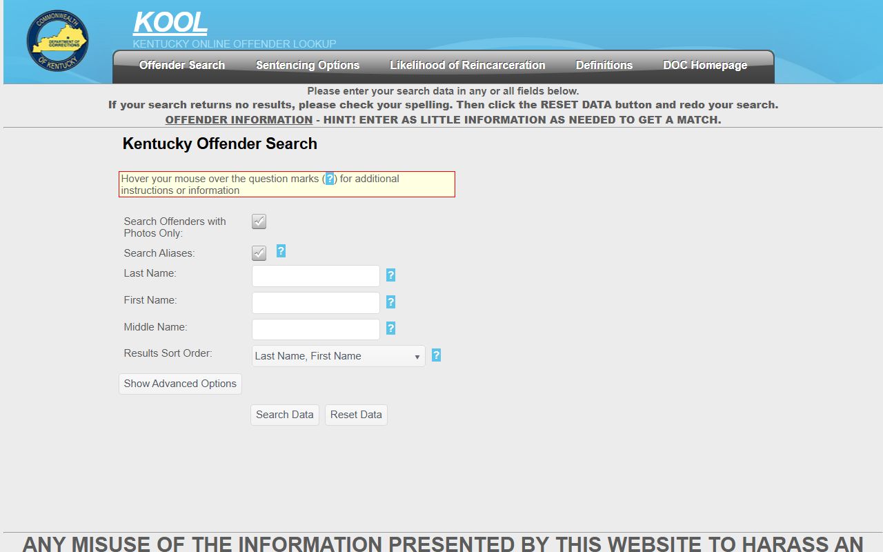 Kentucky Online Offender Lookup KOOL system for inmate searches