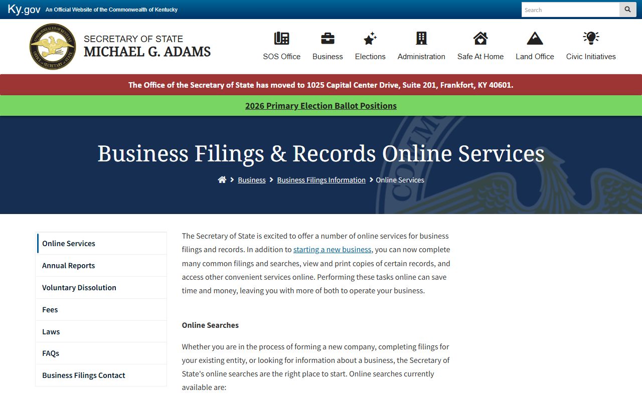 Kentucky Secretary of State business filings search portal